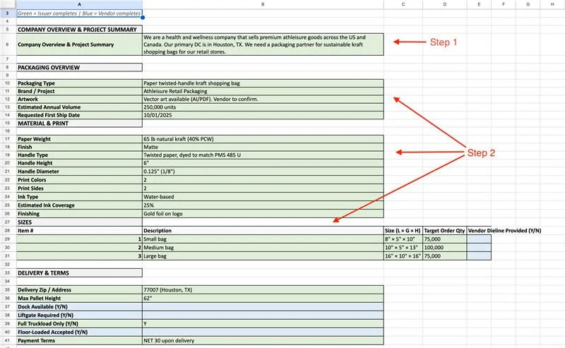 RFQ spreadsheet marked Step 2, highlighting packaging overview, material, print, and size details.