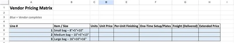 Vendor pricing matrix table for packaging RFQ with bag sizes, unit price, setup costs, and freight fields.