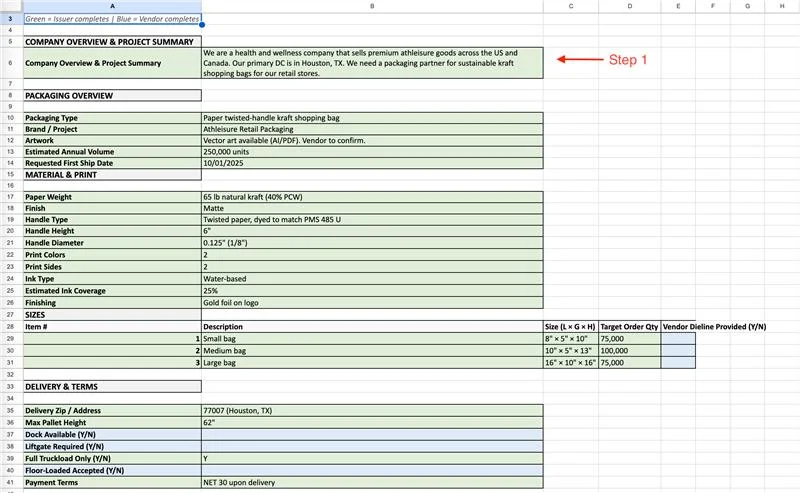 RFQ spreadsheet showing Step 1 with company overview and project summary for packaging procurement.