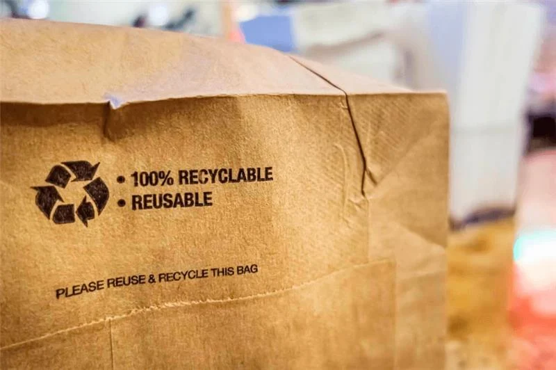 Close-up of a brown paper bag labeled 100% recyclable and reusable to highlight sustainable packaging solutions.