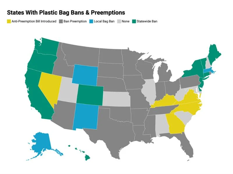 Alt text: U.S. map showing states with plastic bag bans, local bag bans, and preemption laws in green, blue, and yellow.