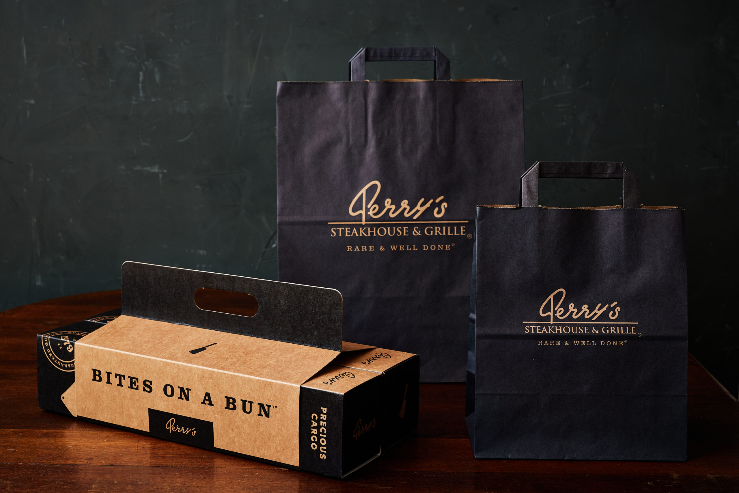 Perry's Steakhouse slider box and paper bags