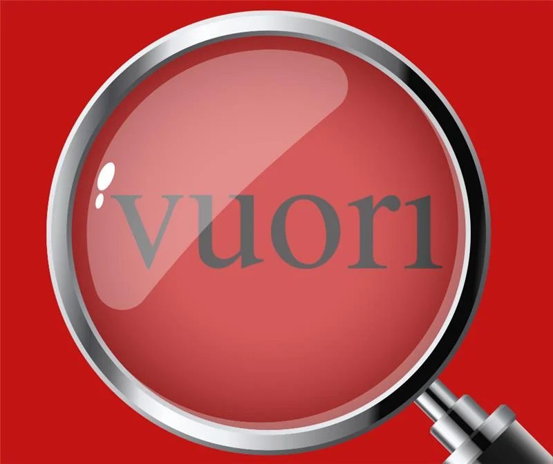 A red magnifying glass highlighting the Vuori logo, representing a close examination of the brand’s strategy and growth story.
