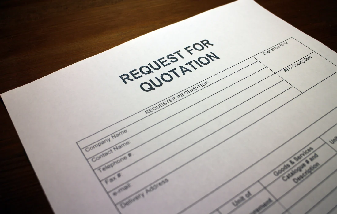 Close-up of a Request for Quotation form used in packaging procurement to gather supplier pricing.