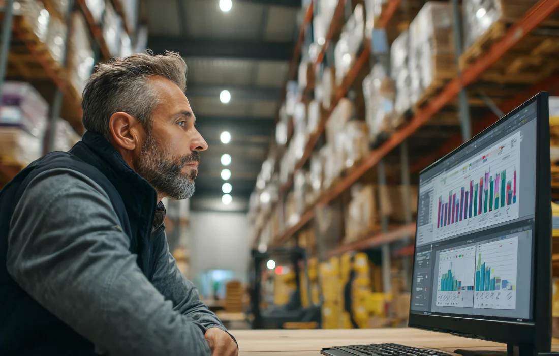 xLogistics manager analyzing packaging supply data on warehouse computer.