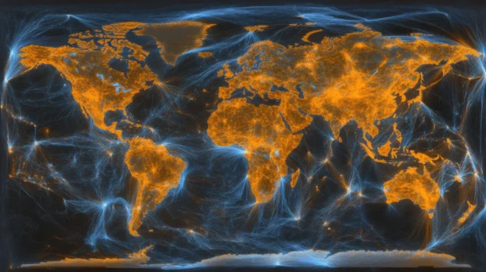 Glowing world map showing global trade routes and shipping logistics connections.
