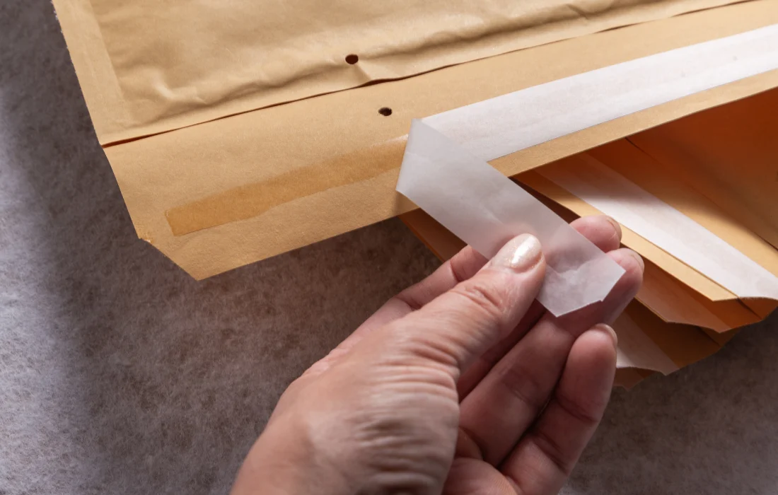 Hand peeling adhesive strip on kraft paper mailer, showing functional ecommerce packaging closure.