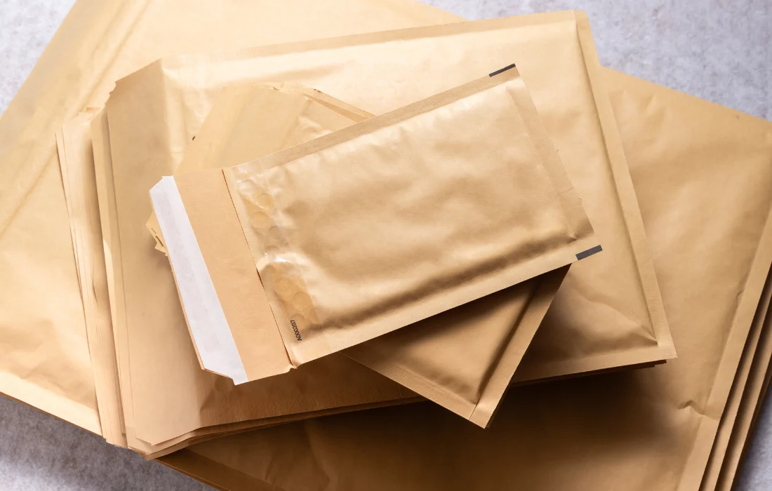 Stack of kraft paper mailers with padded lining, emphasizing protective ecommerce packaging materials.