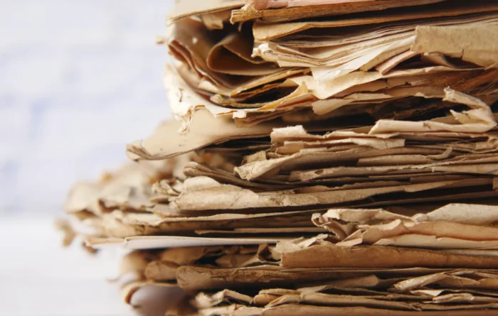 Close-up of a stacked pile of old, brown cardboard scraps, likely material from discarded boxes or mailers.