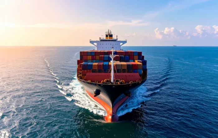 A cargo ship transports containerized packaging imports across ocean trade routes subject to international tariffs.