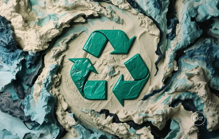 Recycling symbol embedded in textured sustainable packaging materials representing eco-friendly disposal and circular design.