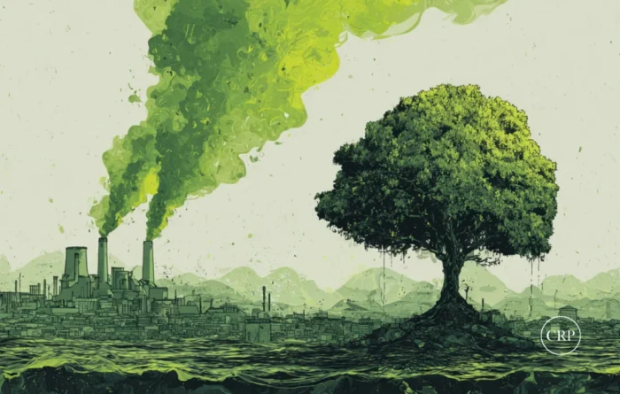 Illustration of a green tree beside a factory emitting green smoke, showing greenwashing in sustainable packaging.