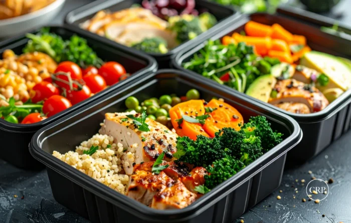 Assorted black takeout containers in different shapes and sizes, each holding a prepared meal.